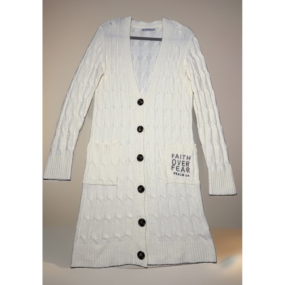 Love in Faith Women Sm Cream Cable Knit Longline Cardigan Faith Over Fear Psalm
